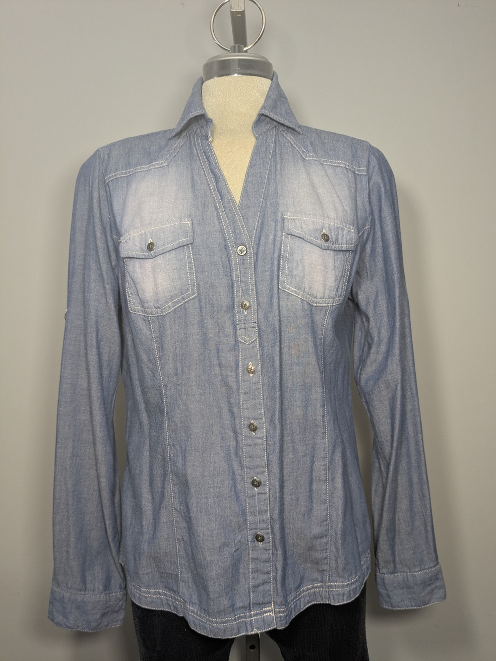 Light Blue Denim-Style Button Front Women's Blouse